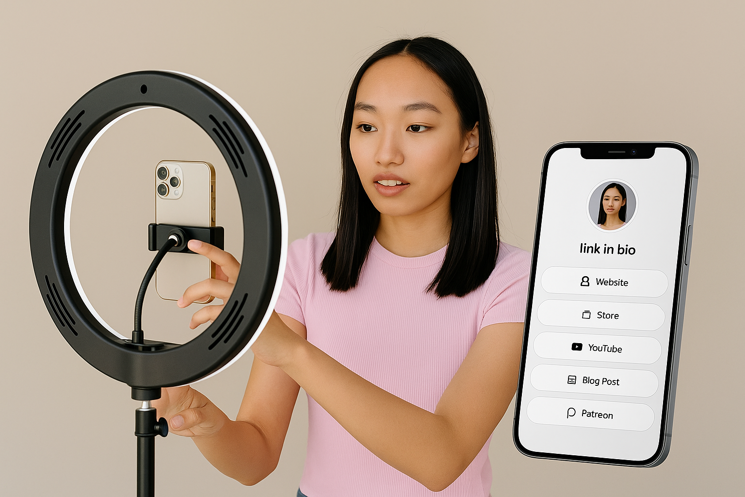 Woman filming TikTok - link in bio tools